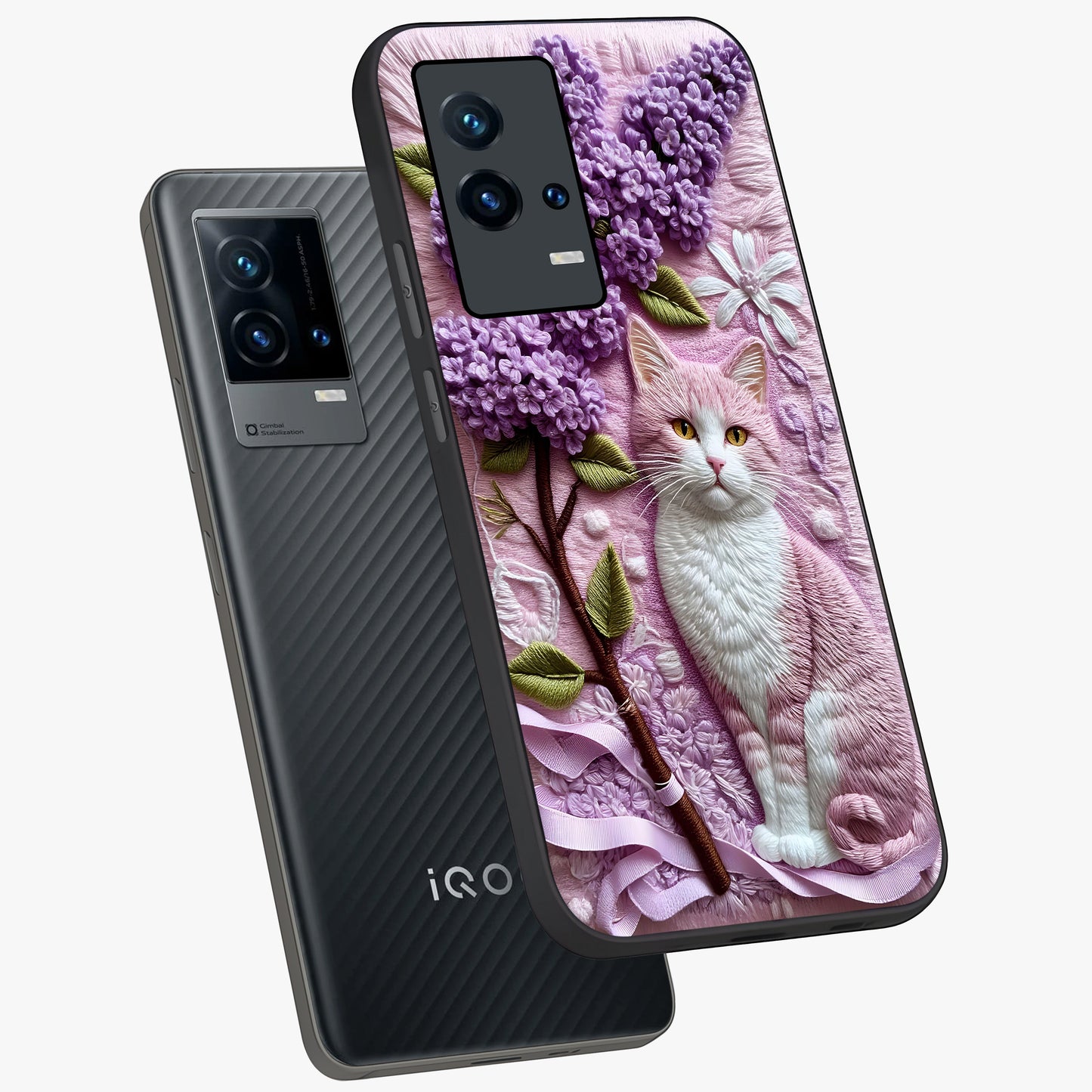 Lavender Cat Whimsy Glass Case displayed in angled mockup highlighting playful feline illustration with pastel lavender aesthetic.