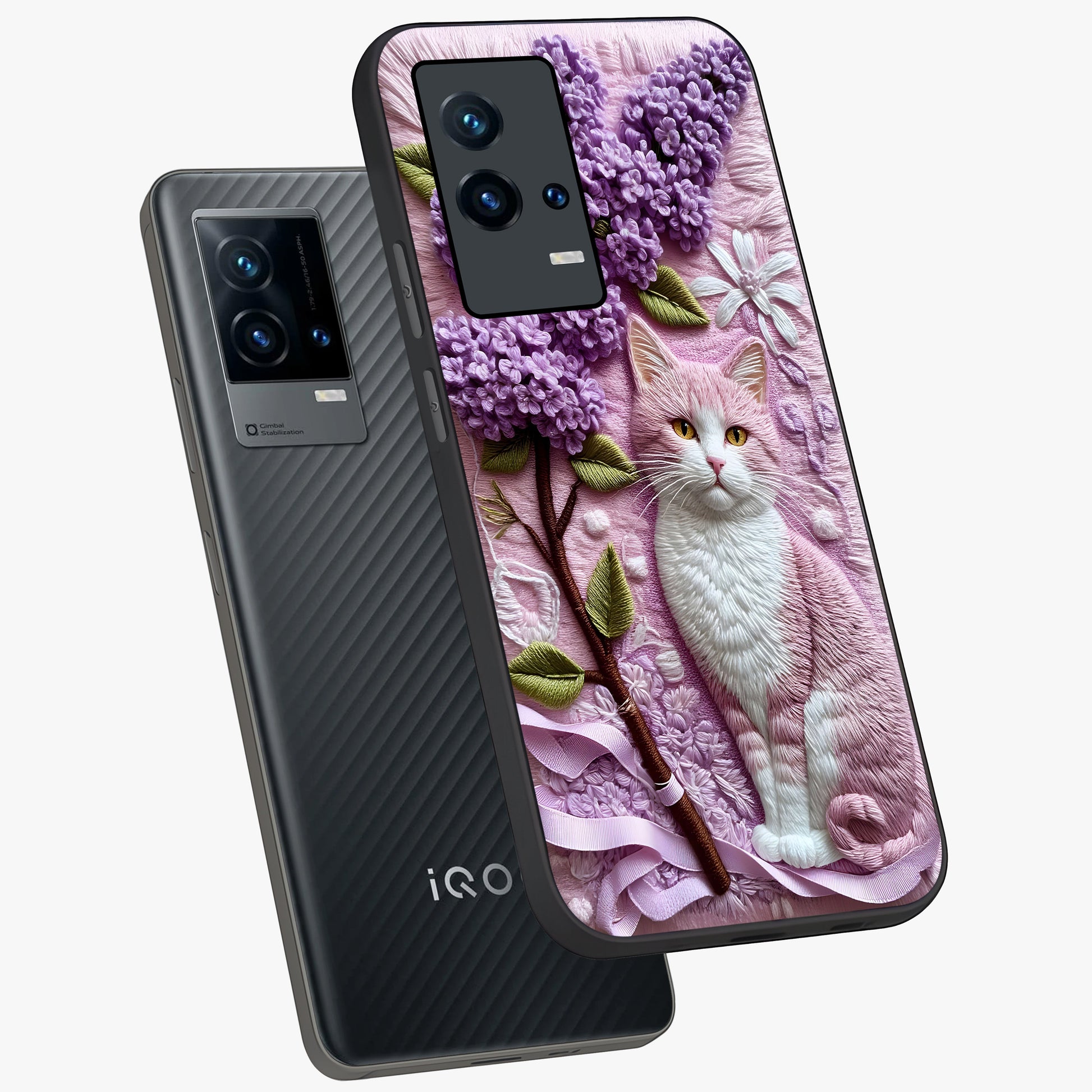 Lavender Cat Whimsy Glass Case displayed in angled mockup highlighting playful feline illustration with pastel lavender aesthetic.