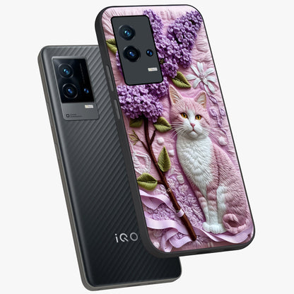 Lavender Cat Whimsy Glass Case displayed in angled mockup highlighting playful feline illustration with pastel lavender aesthetic.