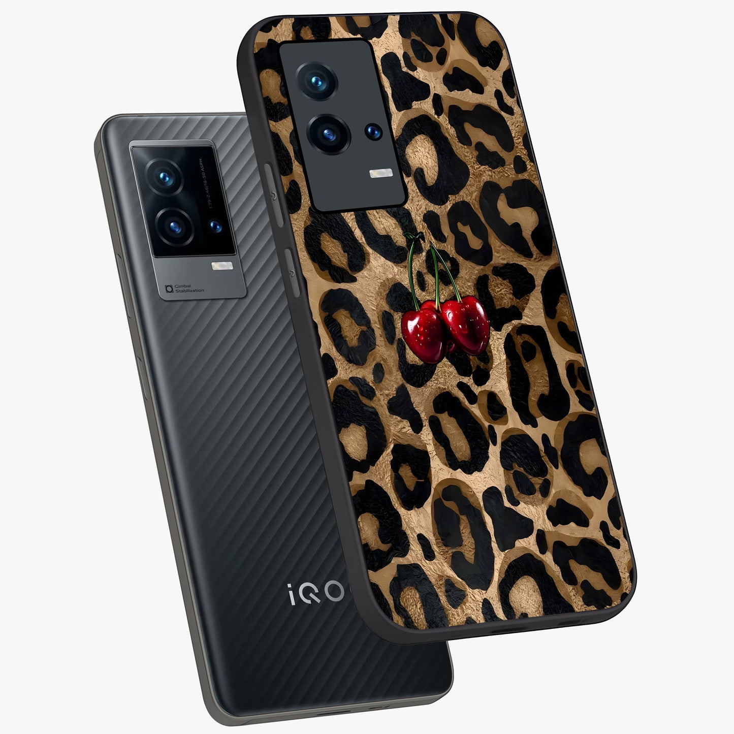 Leopard Wild Cherry Glass Case displayed in angled mockup highlighting bold animal print design with playful cherry aesthetic.