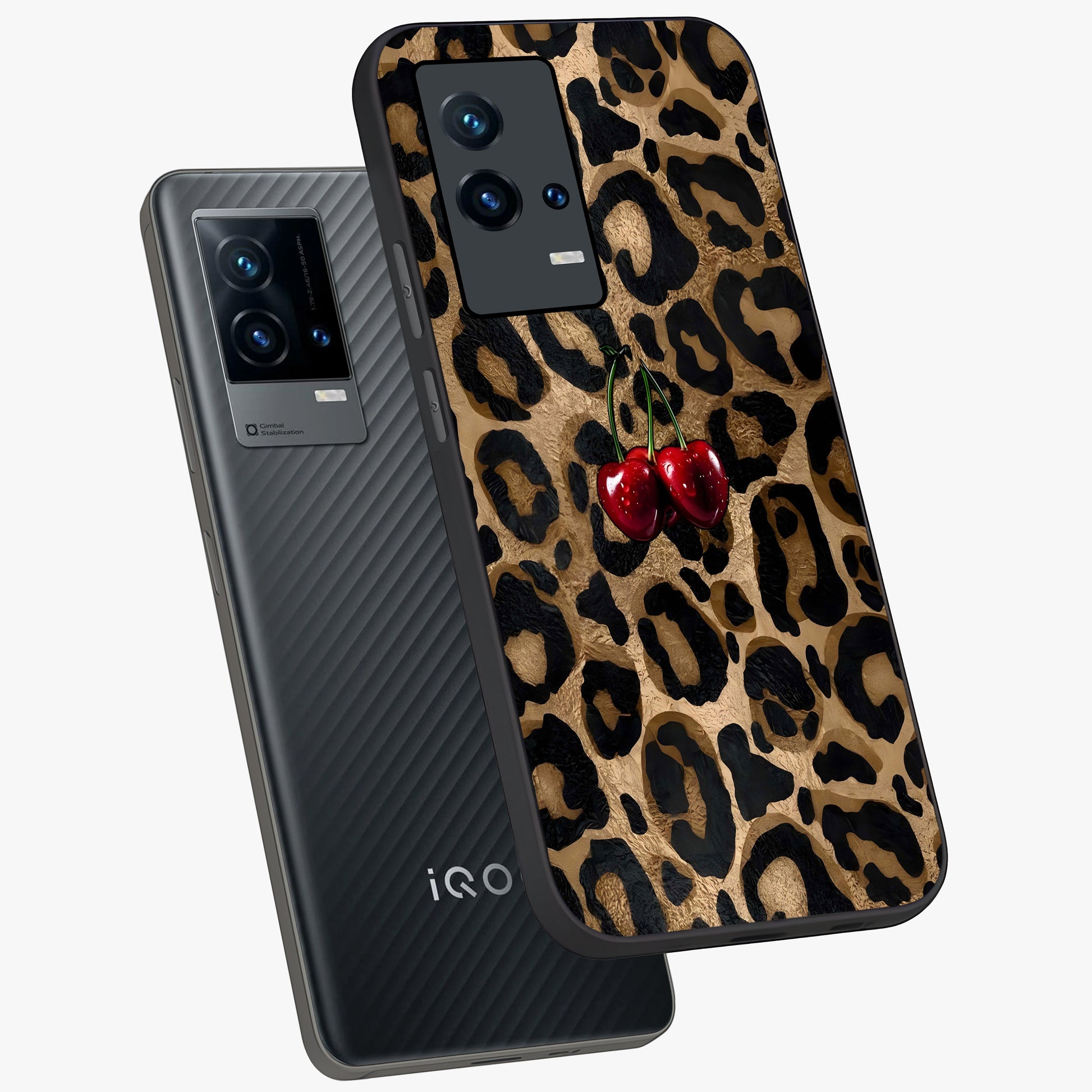 Leopard Wild Cherry Glass Case displayed in angled mockup highlighting bold animal print design with playful cherry aesthetic.