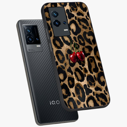 Leopard Wild Cherry Glass Case displayed in angled mockup highlighting bold animal print design with playful cherry aesthetic.