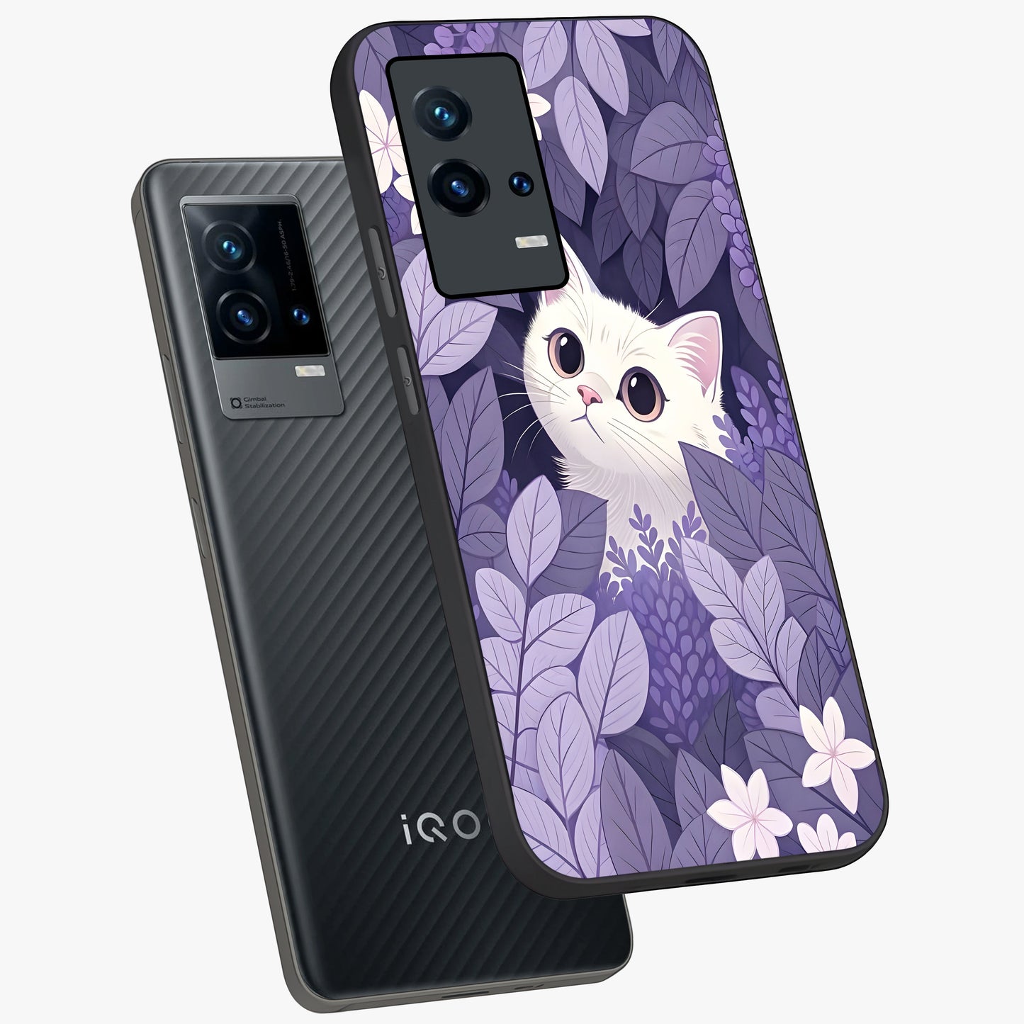 Lilac Hide Peek Cat Glass Case displayed in angled mockup highlighting playful feline illustration with lilac aesthetic design.