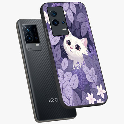 Lilac Hide Peek Cat Glass Case displayed in angled mockup highlighting playful feline illustration with lilac aesthetic design.