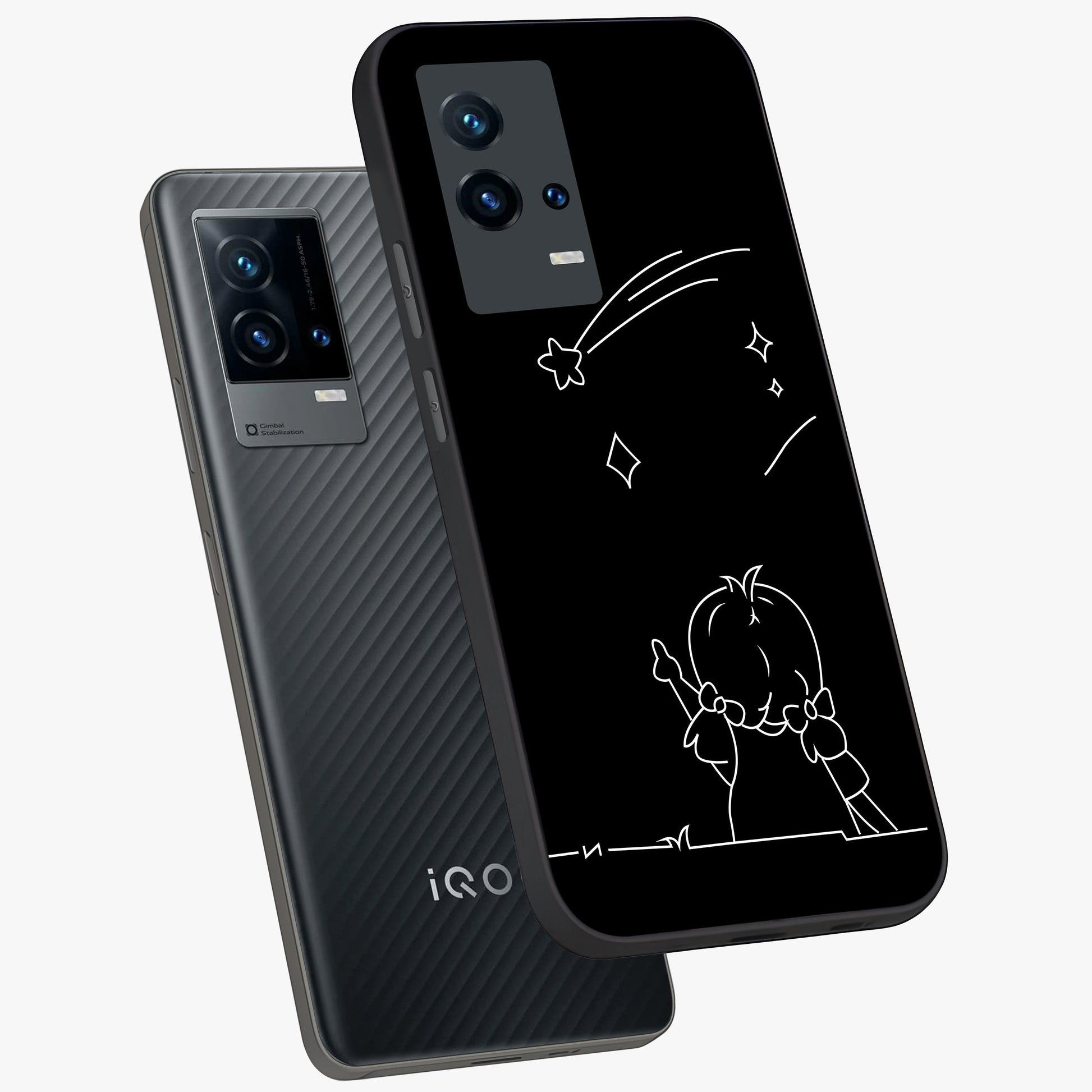 Line Art Girl With Shooting Stars Glass Case displayed in angled mockup highlighting elegant line art design with dreamy star aesthetic.