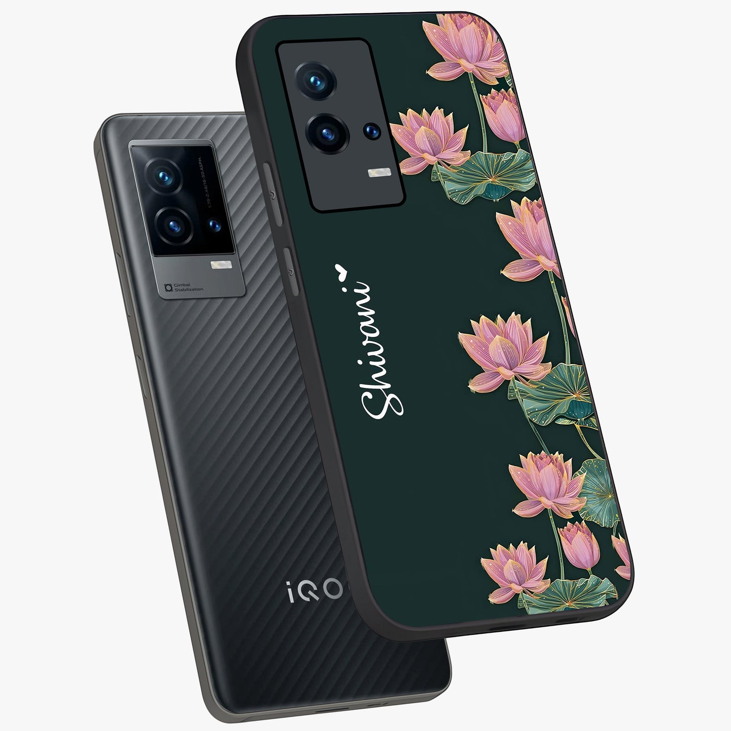 Lotus Bloom Serenity Custom Name Glass Case displayed in angled mockup highlighting graceful lotus illustration with custom name feature.