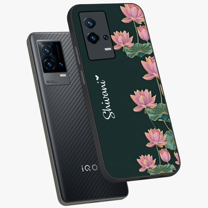 Lotus Bloom Serenity Custom Name Glass Case displayed in angled mockup highlighting graceful lotus illustration with custom name feature.