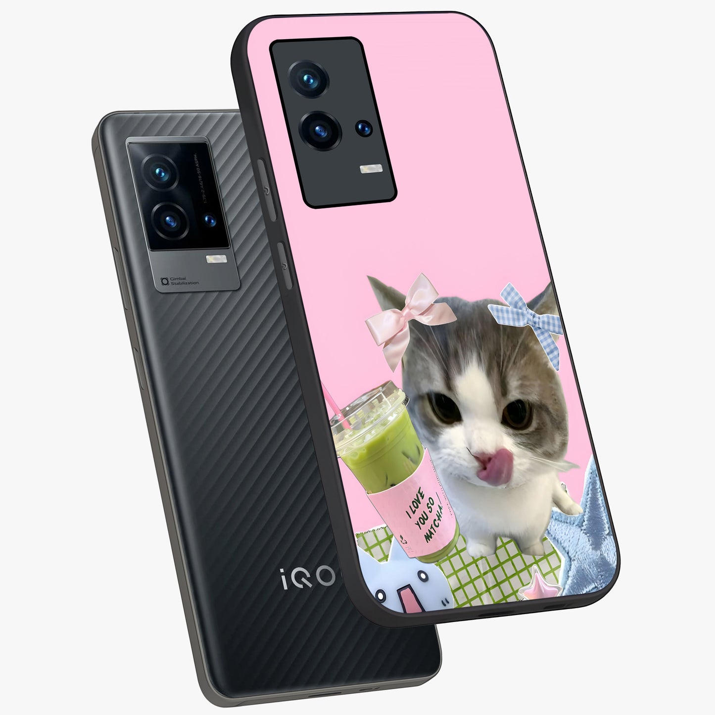 Love Matcha Cat Glass Case displayed in angled mockup highlighting playful feline illustration with cozy matcha aesthetic.