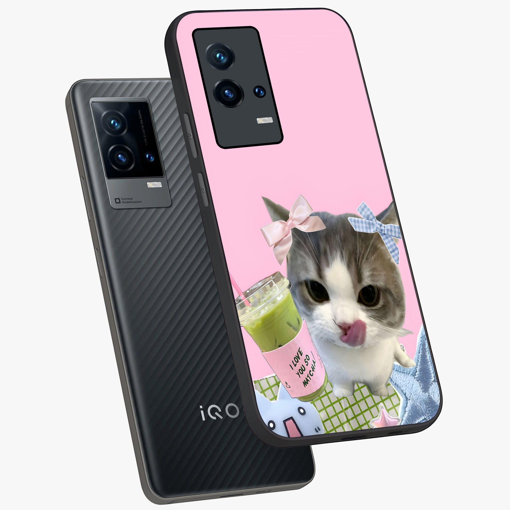 Love Matcha Cat Glass Case displayed in angled mockup highlighting playful feline illustration with cozy matcha aesthetic.