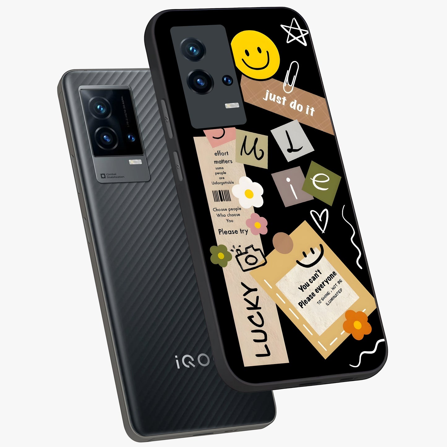 Lucky Aesthetic Collage Glass Case displayed in angled mockup highlighting stylish collage pattern with modern aesthetic vibe.