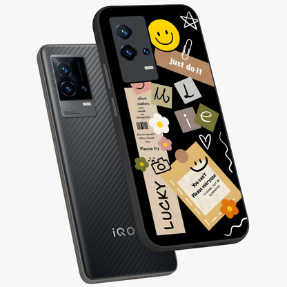 Lucky Aesthetic Collage Glass Case displayed in angled mockup highlighting stylish collage pattern with modern aesthetic vibe.