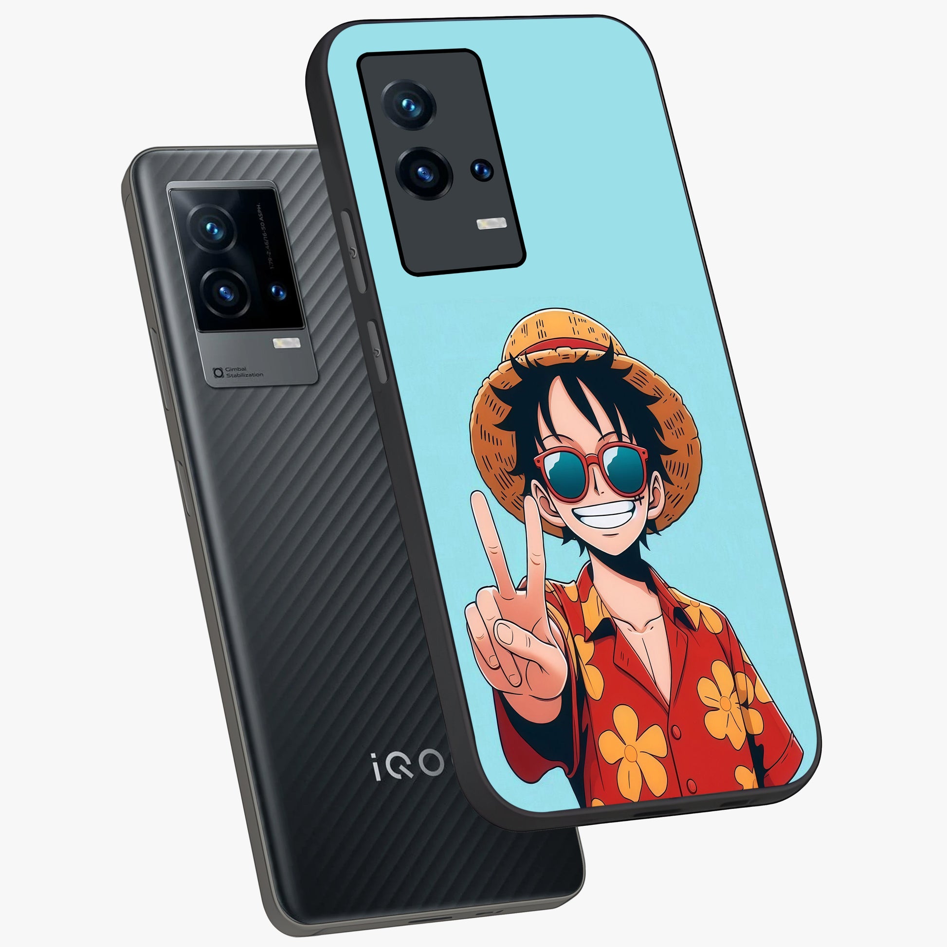 Luffy Summer Anime Vibe Glass Case displayed in angled mockup highlighting energetic anime illustration with summer vibe aesthetic.