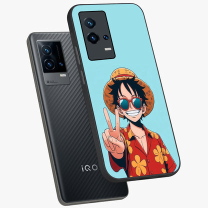Luffy Summer Anime Vibe Glass Case displayed in angled mockup highlighting energetic anime illustration with summer vibe aesthetic.
