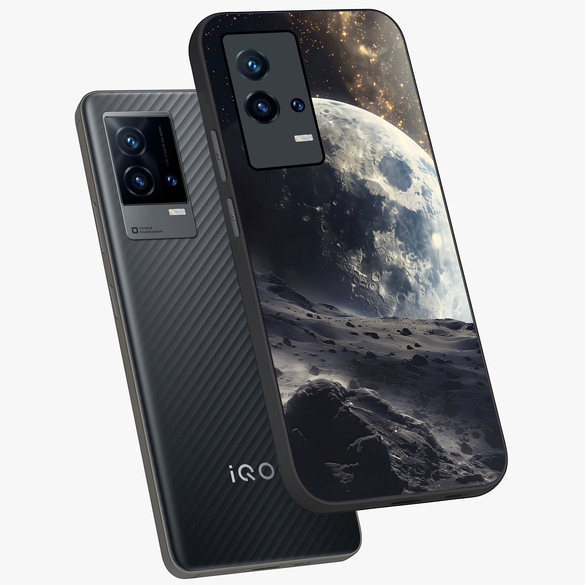 Lunar Horizon Glow Glass Case displayed in angled mockup highlighting celestial moon design with dreamy night aesthetic.