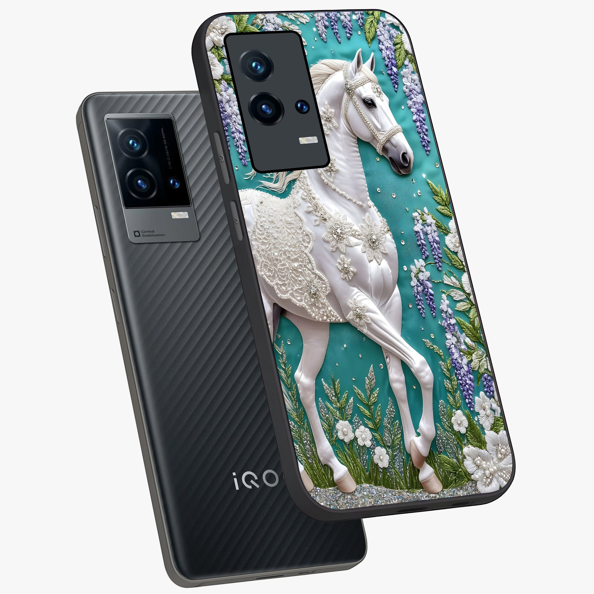 Majestic Floral Stallion Glass Case displayed in angled mockup highlighting majestic stallion illustration with elegant floral aesthetic.