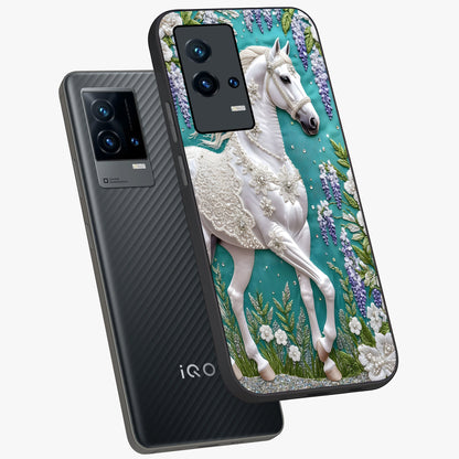 Majestic Floral Stallion Glass Case displayed in angled mockup highlighting majestic stallion illustration with elegant floral aesthetic.