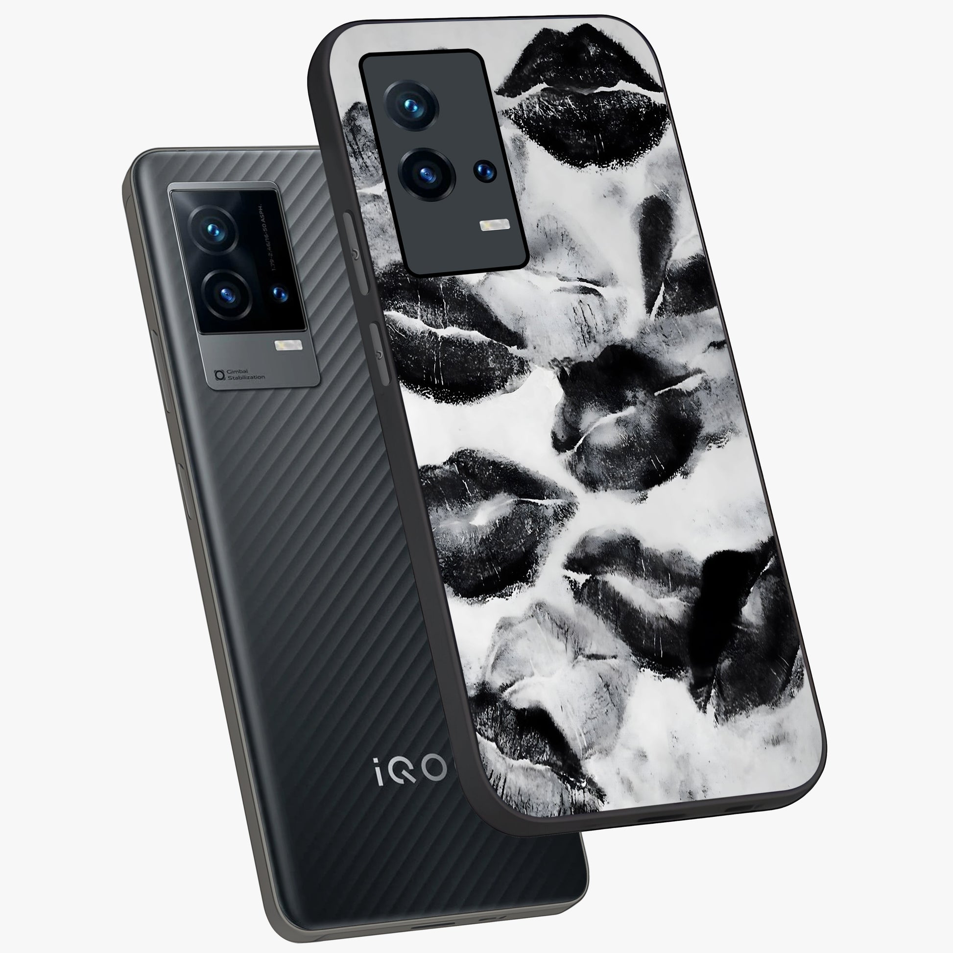 Midnight Kiss Marks Glass Case displayed in angled mockup highlighting playful romantic design with bold midnight aesthetic.