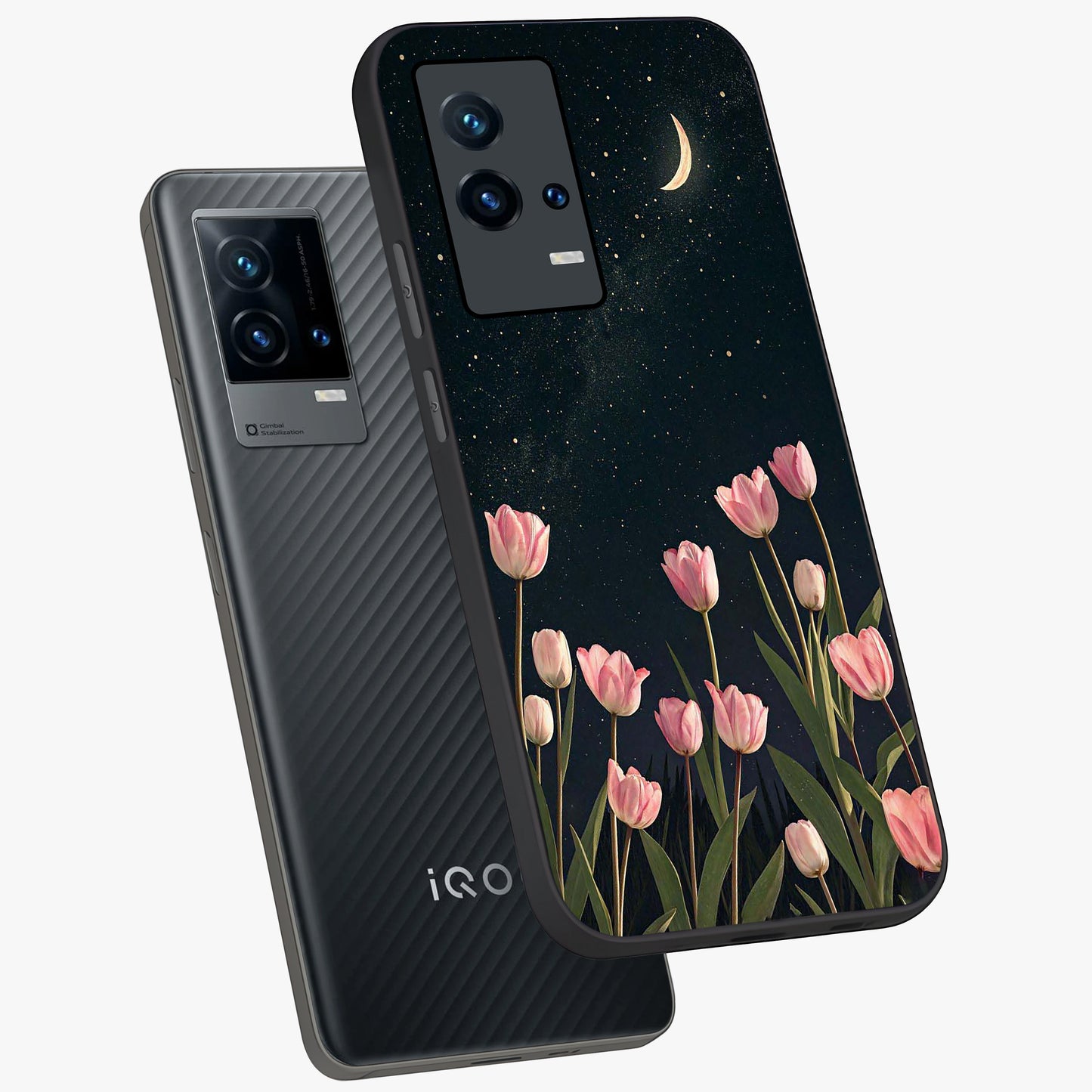 Midnight Tulip Whispers Vibe Glass Case displayed in angled mockup highlighting delicate tulip design with midnight floral aesthetic.