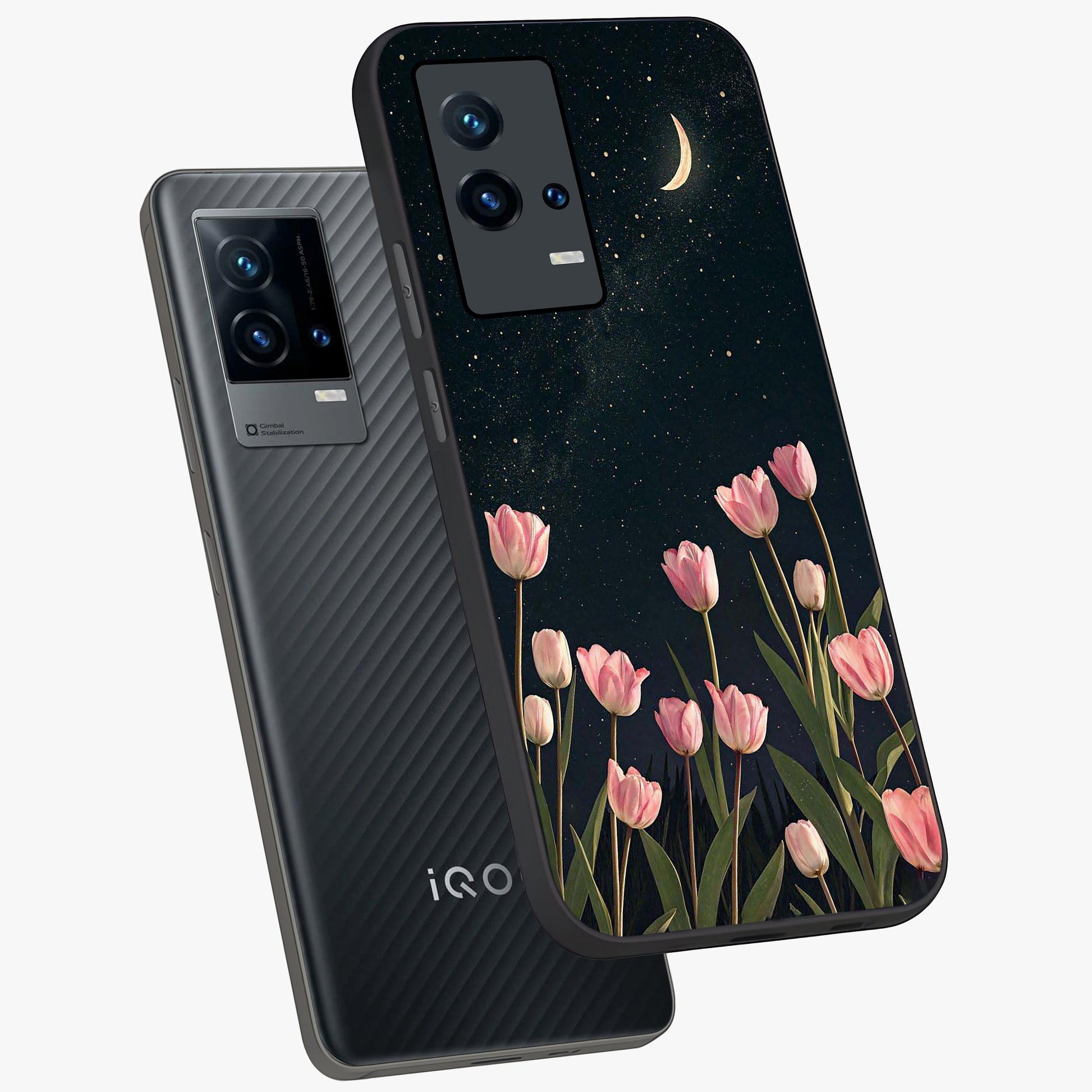 Midnight Tulip Whispers Vibe Glass Case displayed in angled mockup highlighting delicate tulip design with midnight floral aesthetic.