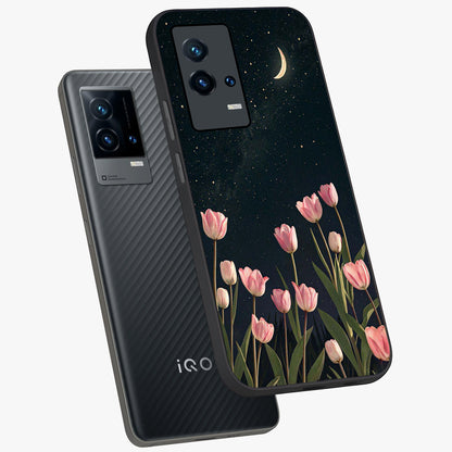 Midnight Tulip Whispers Vibe Glass Case displayed in angled mockup highlighting delicate tulip design with midnight floral aesthetic.