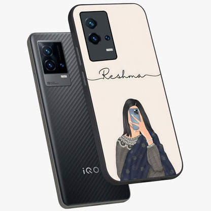 Mirror Mood Muse With Custom Name Glass Case displayed in angled mockup highlighting aesthetic mirror inspired design with custom name feature.