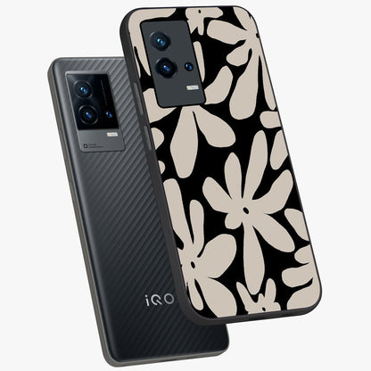 Monochrome Petal Dance Glass Case displayed in angled mockup highlighting elegant petal design with black and white aesthetic.