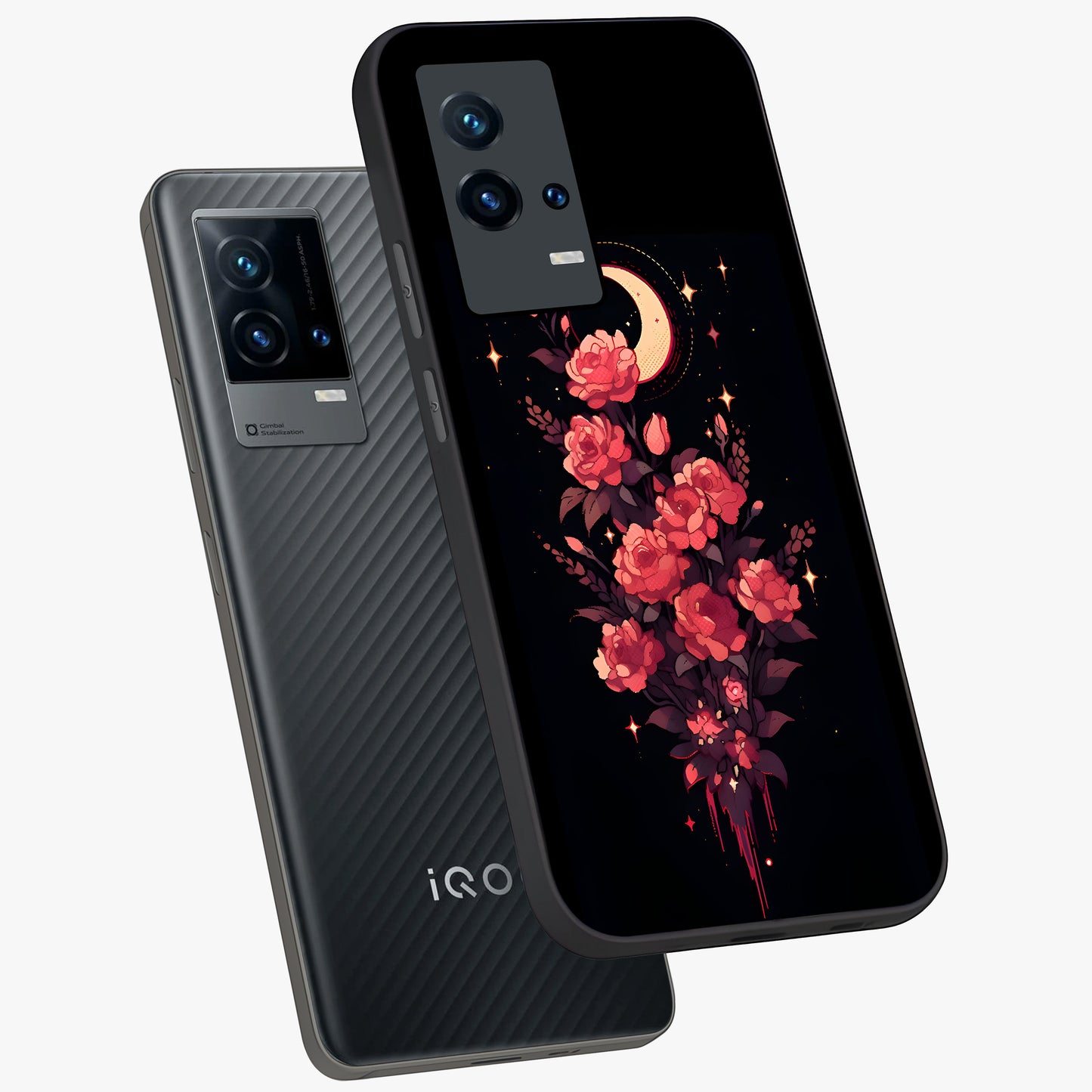 Moonlit Floral Elegance Glass Case displayed in angled mockup highlighting graceful flower design with soft moonlight aesthetic.