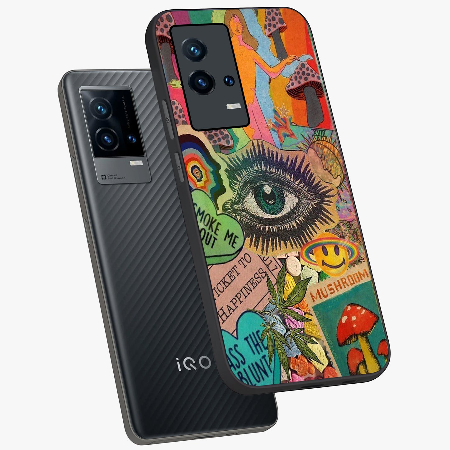 Mystic Eye Wonderland Glass Case displayed in angled mockup highlighting magical eye illustration with dreamy aesthetic.