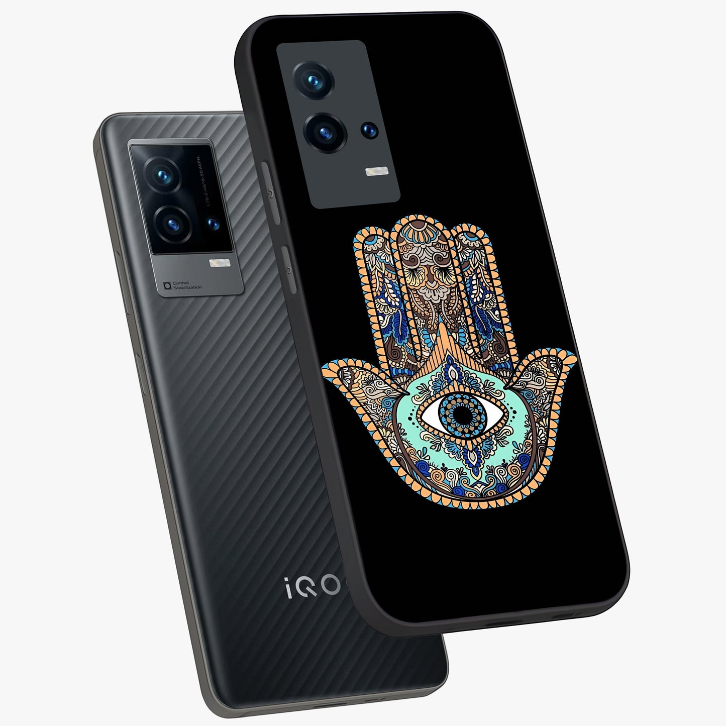 Mystic Hamsa Eye Glass Case displayed in angled mockup highlighting spiritual hamsa symbol with mystical aesthetic style.