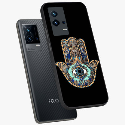 Mystic Hamsa Eye Glass Case displayed in angled mockup highlighting spiritual hamsa symbol with mystical aesthetic style.