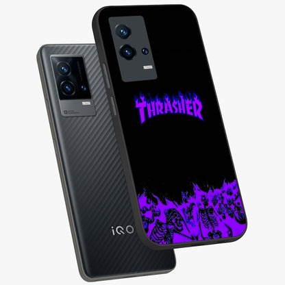 Neon Flame Riot Glass Case displayed in angled mockup highlighting glowing flame design with vibrant neon aesthetic.