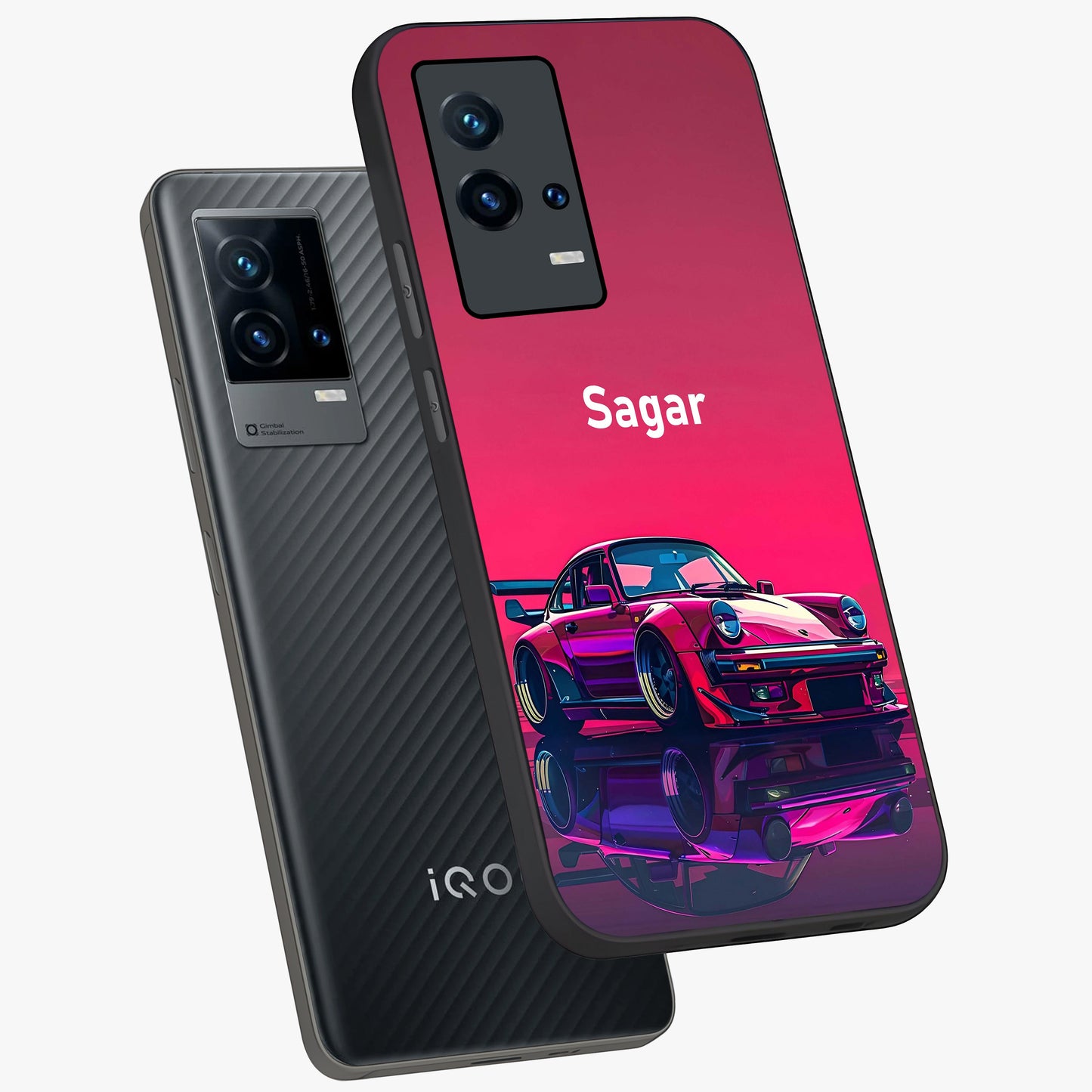 Neon Pink Porsche Glass Case displayed in angled mockup highlighting sleek neon pink car design with racing aesthetic.