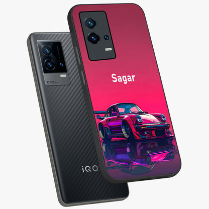 Neon Pink Porsche Glass Case displayed in angled mockup highlighting sleek neon pink car design with racing aesthetic.