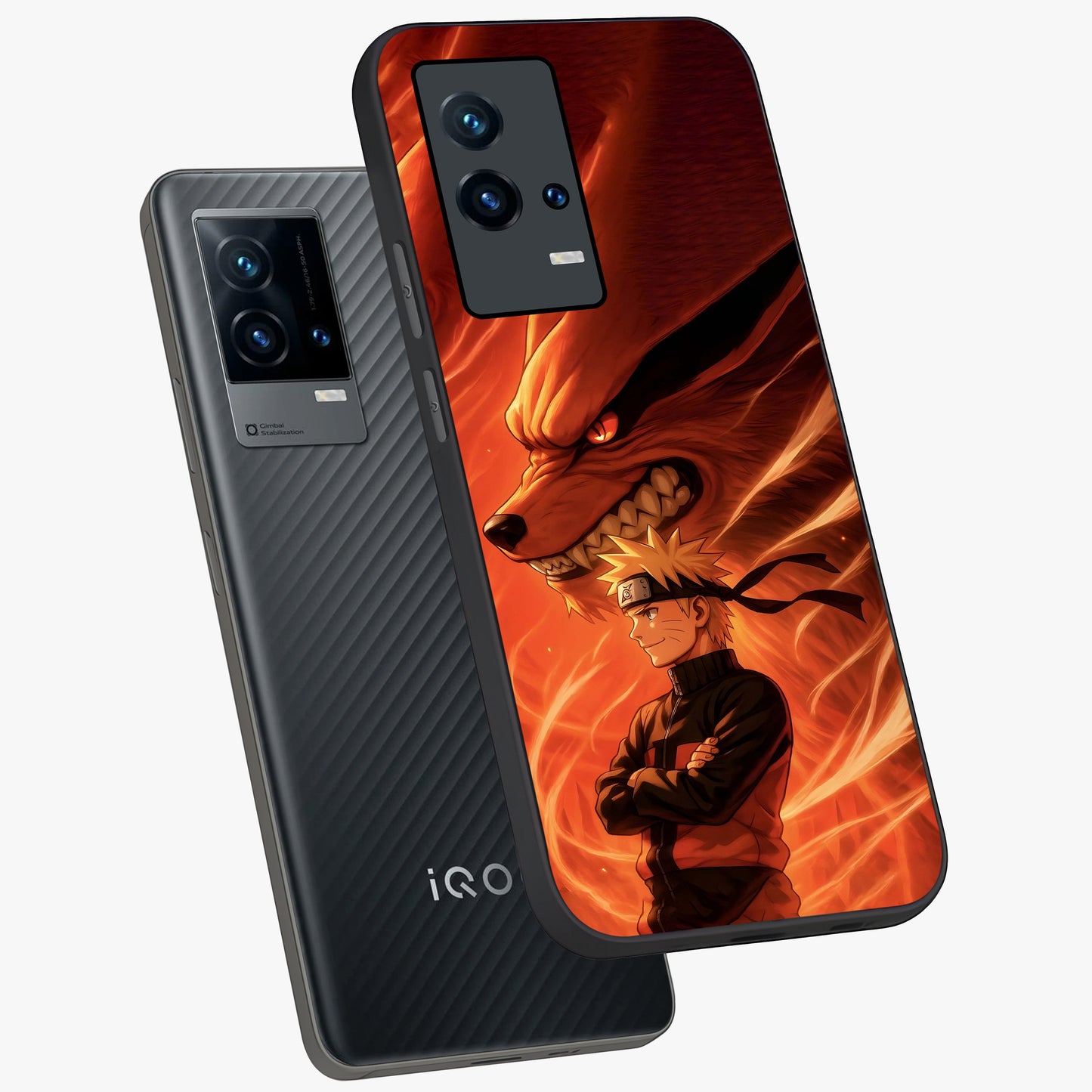Nine Tails Legacy Glass Case displayed in angled mockup highlighting dynamic anime beast illustration with bold mystical aesthetic.