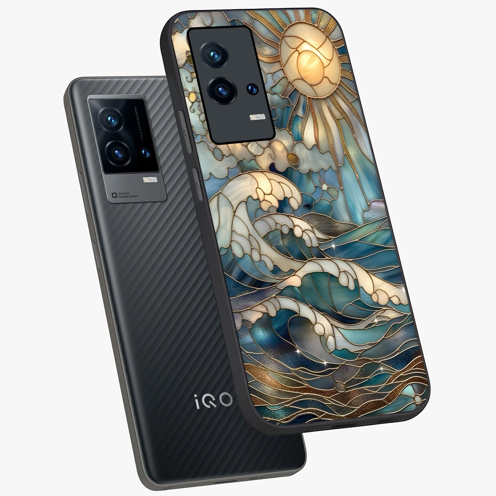 Oceanic Stained Printed Glass Case displayed in angled mockup highlighting colorful aquatic design with artistic aesthetic style.