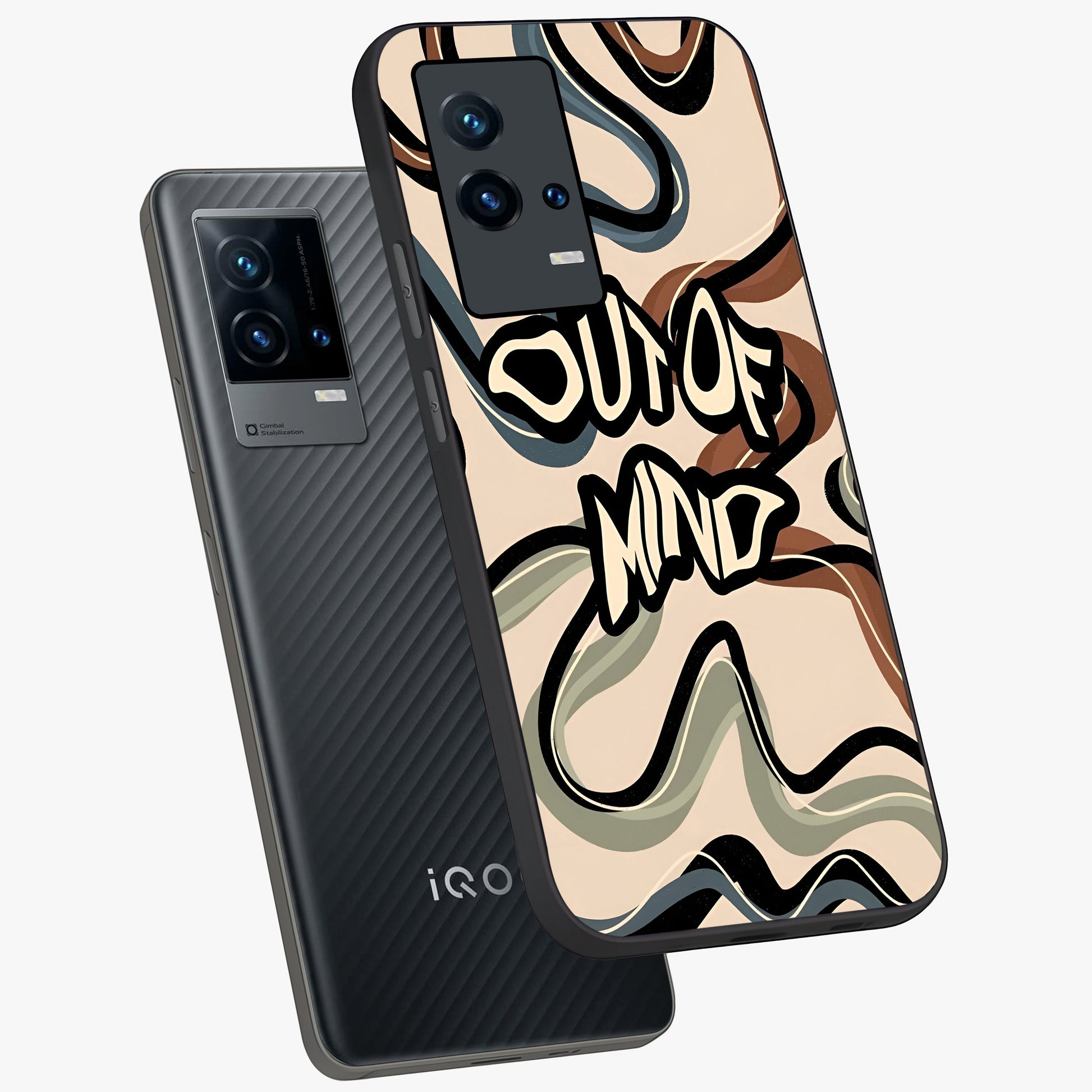 Out Of Mind Glass Case displayed in angled mockup highlighting bold statement design with modern artistic aesthetic.