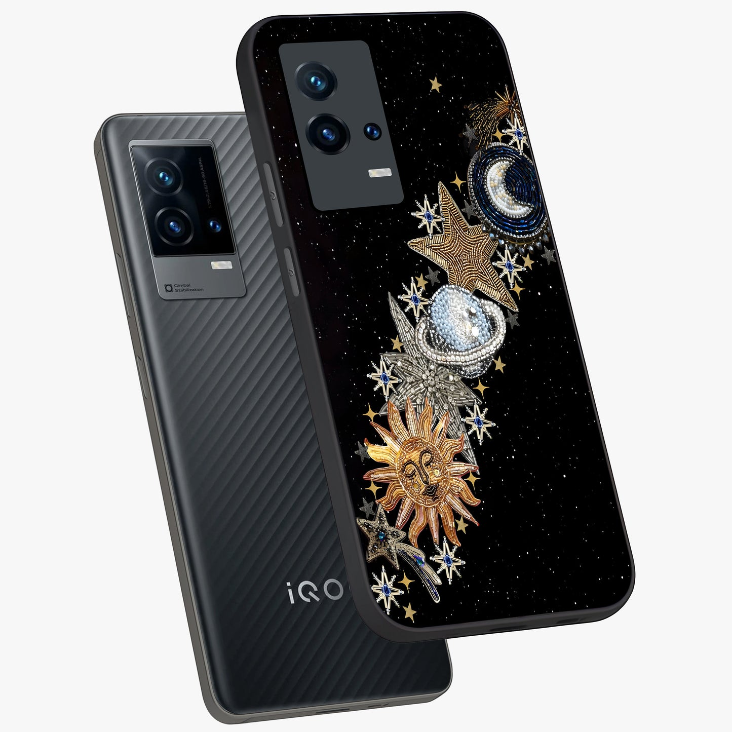 Pearls Universe Object Glass Case displayed in angled mockup highlighting celestial pearl design with dreamy aesthetic.