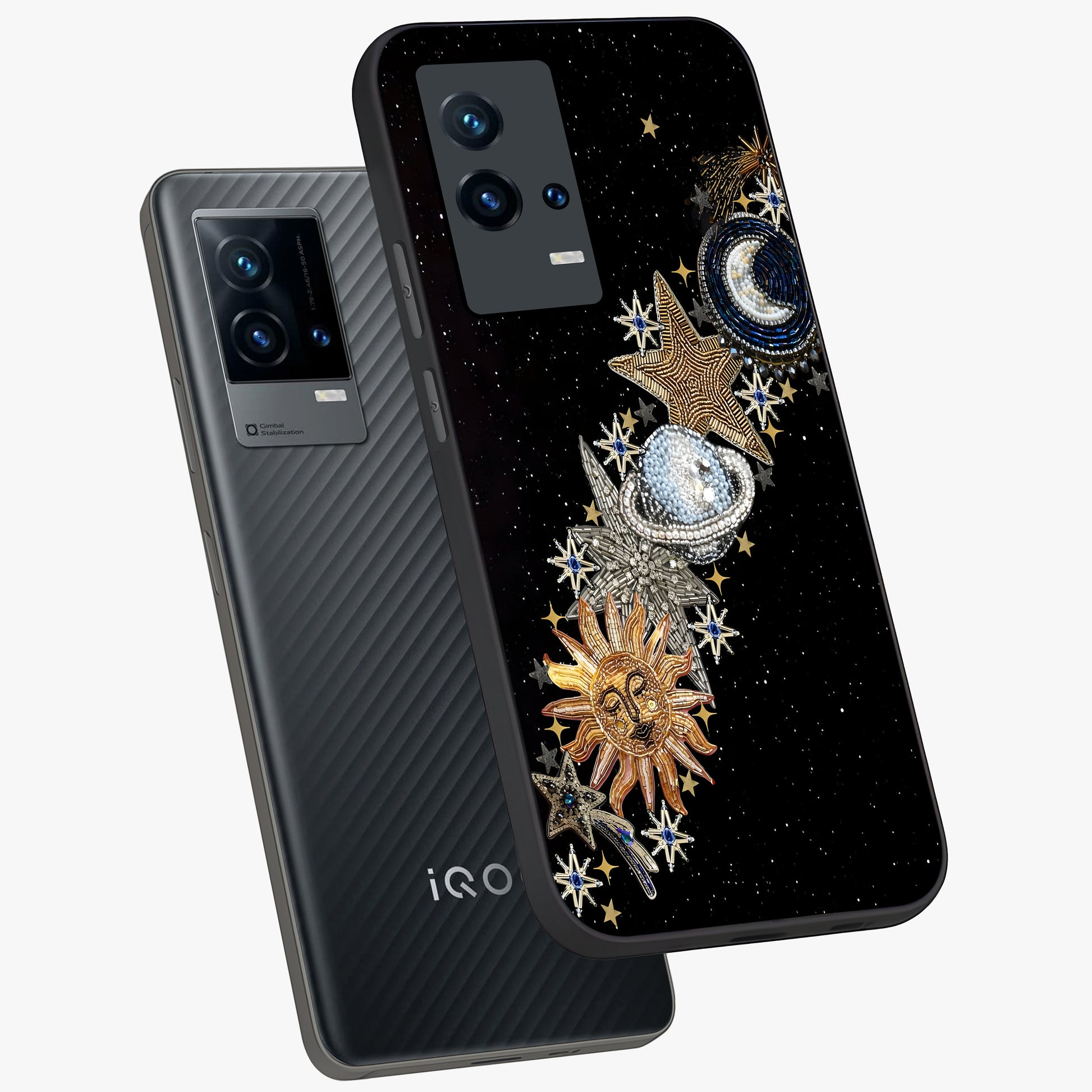 Pearls Universe Object Glass Case displayed in angled mockup highlighting celestial pearl design with dreamy aesthetic.