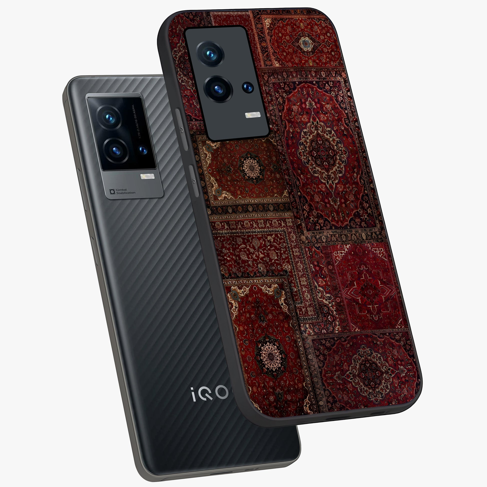 Persian Velvet Tale Glass Case displayed in angled mockup highlighting ornate textile inspired design with royal aesthetic.