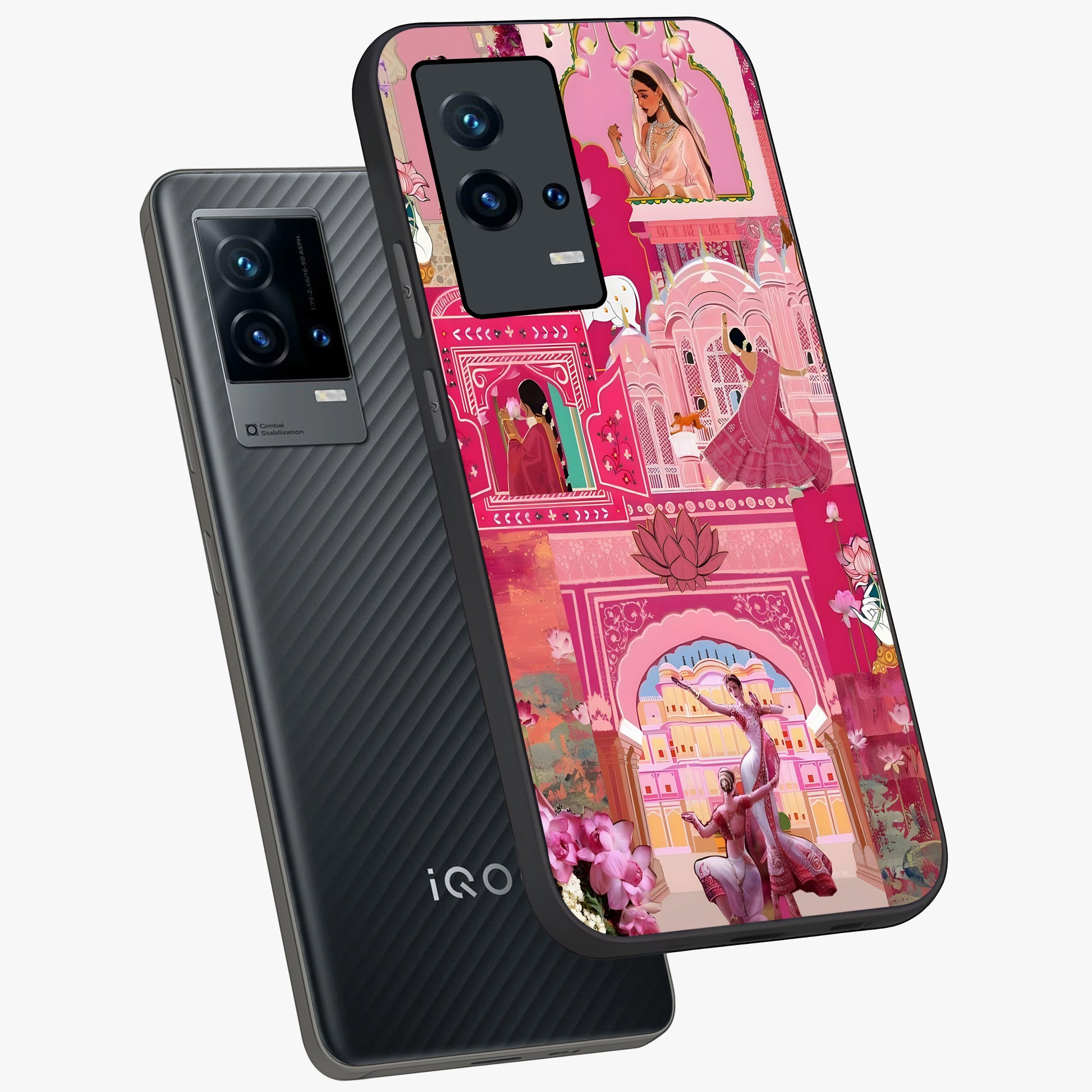 Pink Palace Muse Glass Case displayed in angled mockup highlighting dreamy palace illustration with soft pink aesthetic.