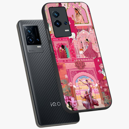 Pink Palace Muse Glass Case displayed in angled mockup highlighting dreamy palace illustration with soft pink aesthetic.