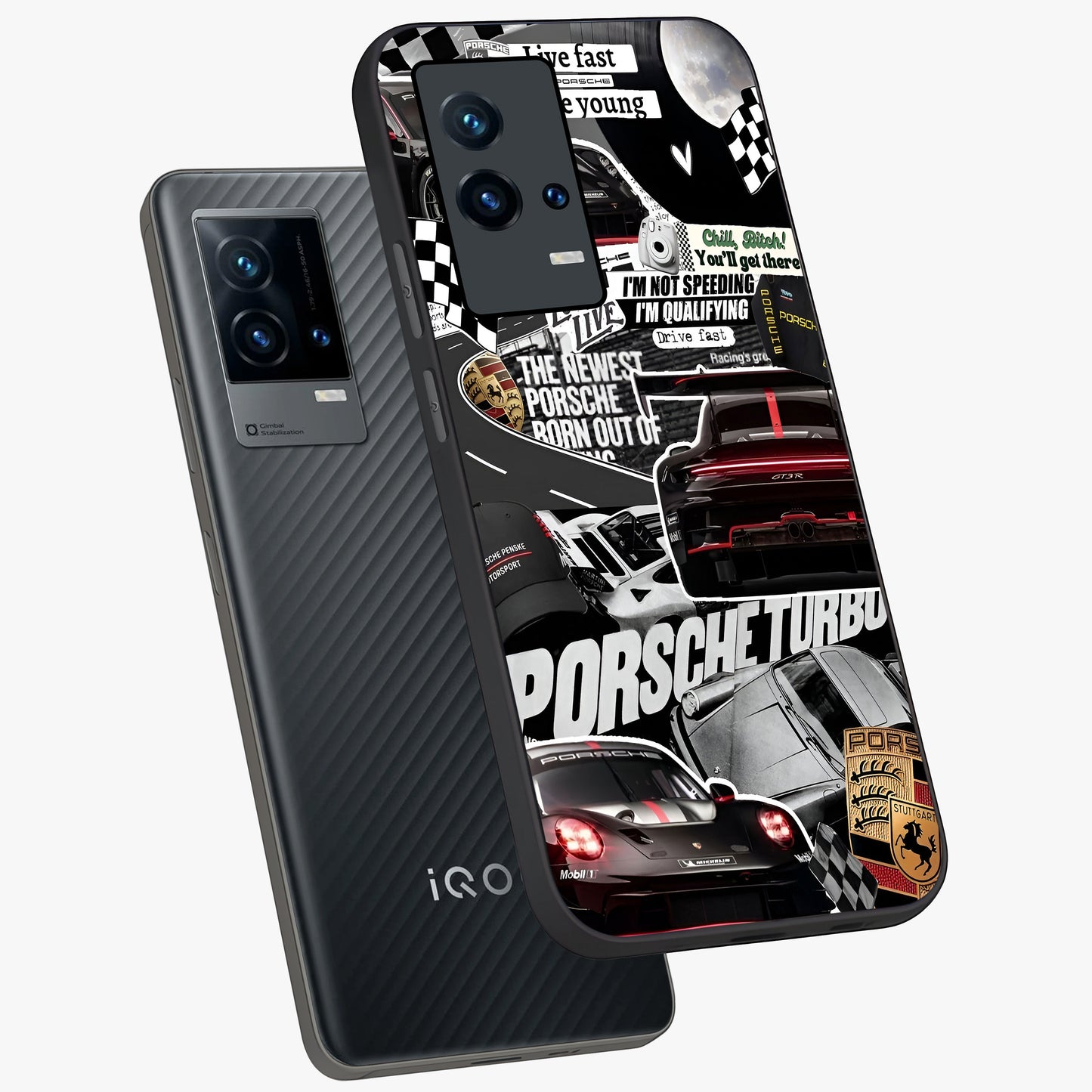 Porsche Racing Collage Glass Case displayed in angled mockup highlighting dynamic automotive design with bold racing aesthetic.