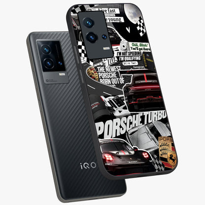 Porsche Racing Collage Glass Case displayed in angled mockup highlighting dynamic automotive design with bold racing aesthetic.