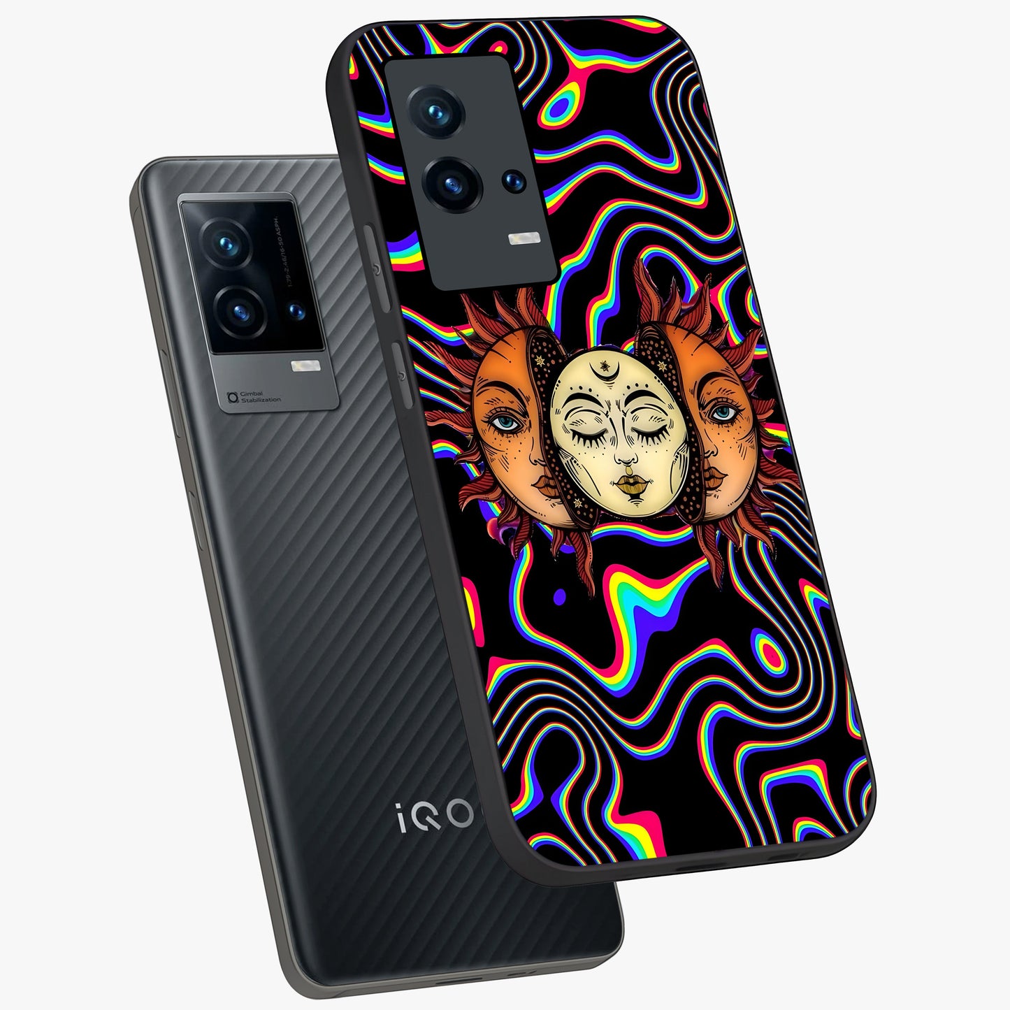 Psychedelic Sun Glass Case displayed in angled mockup highlighting vibrant abstract sun design with artistic aesthetic style.