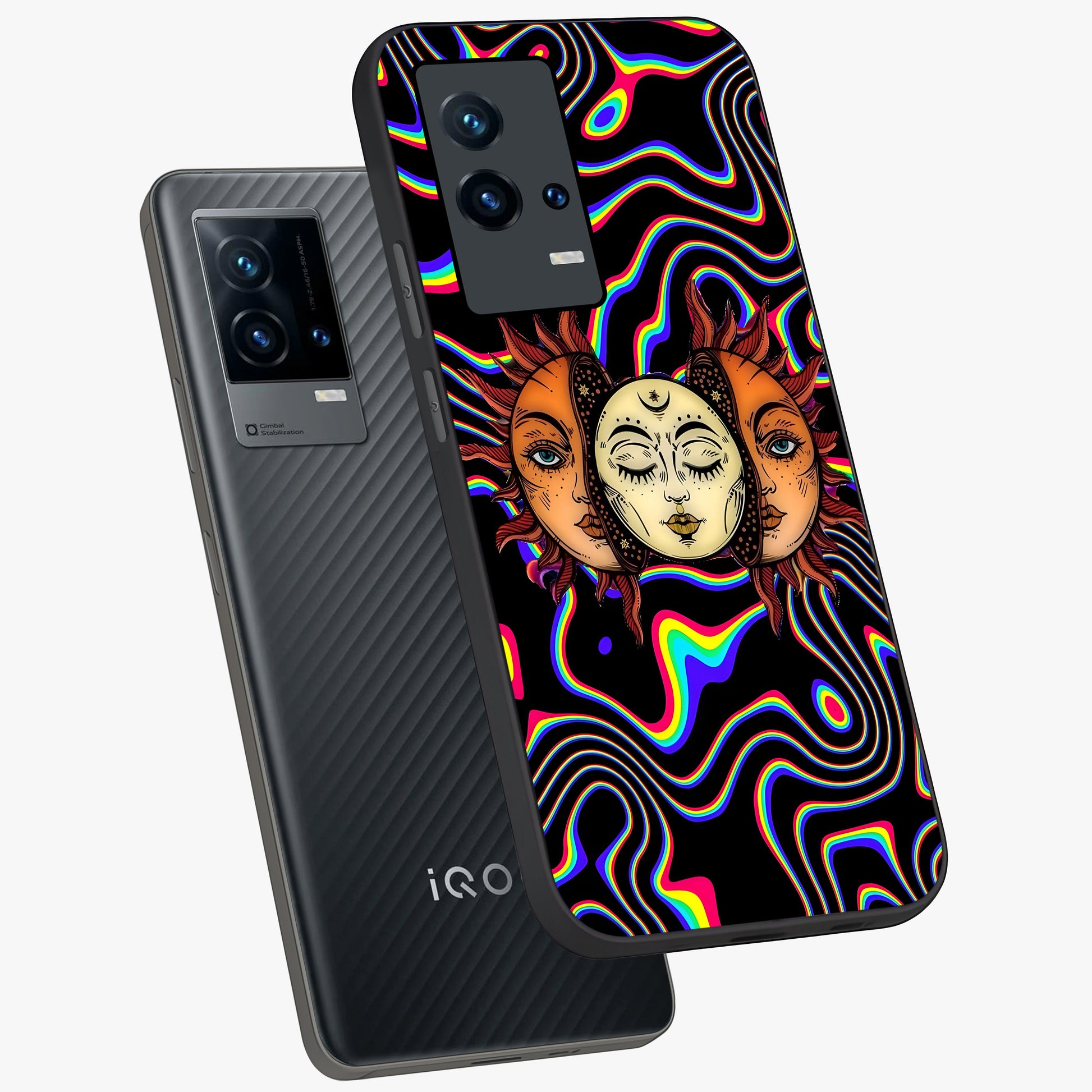 Psychedelic Sun Glass Case displayed in angled mockup highlighting vibrant abstract sun design with artistic aesthetic style.
