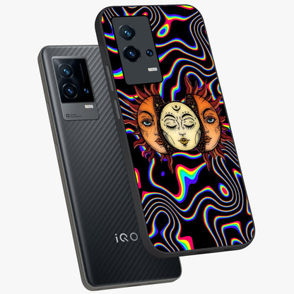 Psychedelic Sun Glass Case displayed in angled mockup highlighting vibrant abstract sun design with artistic aesthetic style.