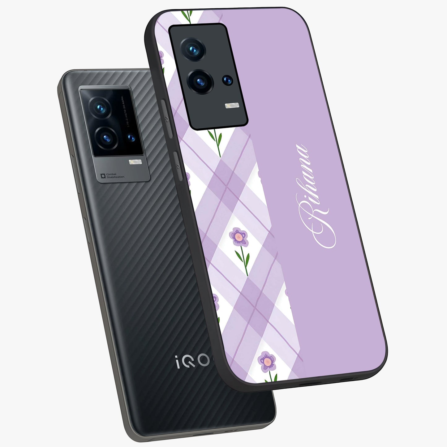 Purple Diamond Floral Glass Case displayed in angled mockup highlighting elegant purple flower design with decorative pattern.