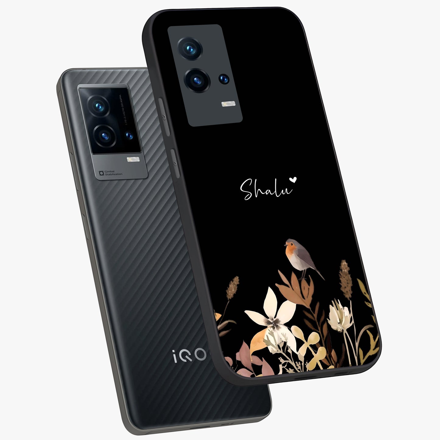 Quiet Garden Tune Custom Name Glass Case displayed in angled mockup highlighting delicate floral garden design with custom name feature.