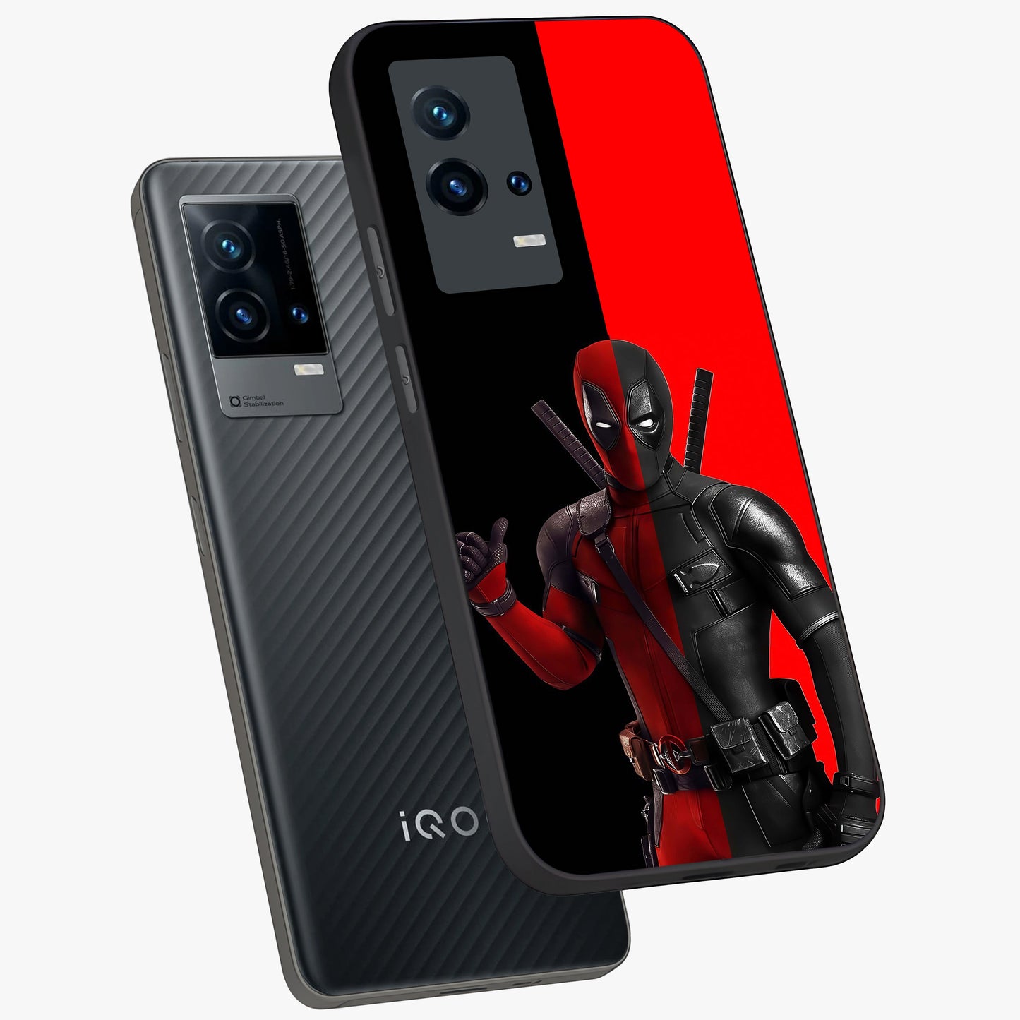 Red & Black Deadpool Theme Glass Case displayed in angled mockup highlighting vibrant superhero style illustration with action aesthetic.