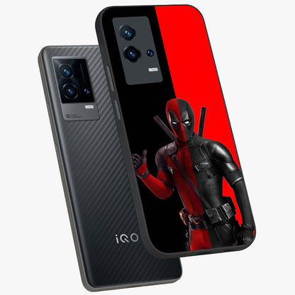 Red & Black Deadpool Theme Glass Case displayed in angled mockup highlighting vibrant superhero style illustration with action aesthetic.